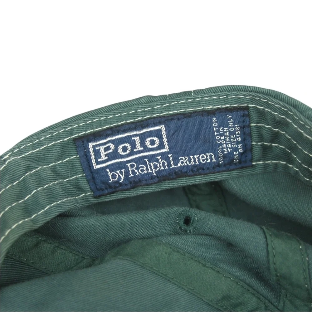 VTG Polo Ralph Lauren Cursive Font Emb Logo Leather Strap Hat Adult OS Green EUC